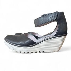 Fly London Yand709fly Wedge Sandals Black Leather Ankle Strap Platform EU39US8.5